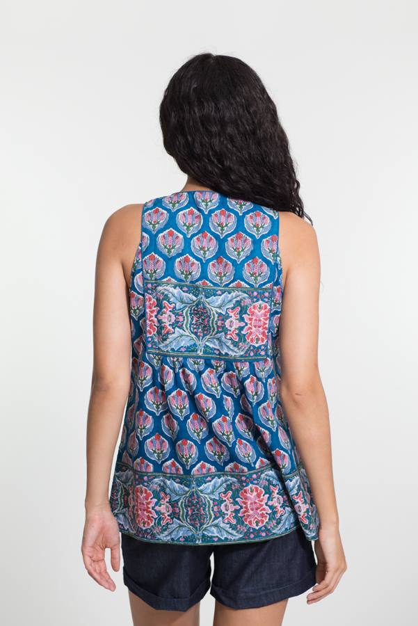 Jaipur Top - Blue Flower Block Print