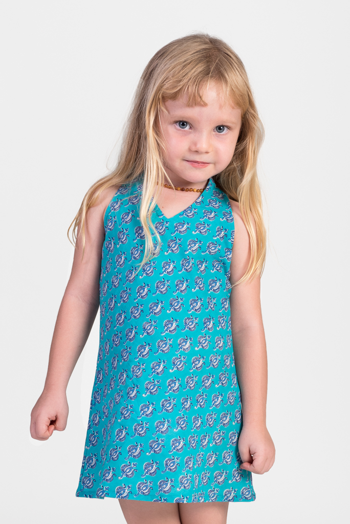 Kid's Panelop Dress - Blue Block Print