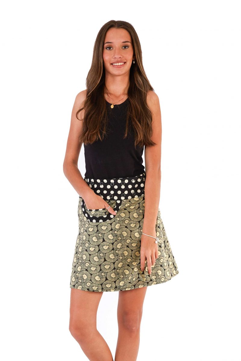 Womens New Energy Reversible Skirt Short - Chrysanthemum / Mustard Block Print front close