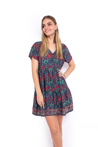 Freya Dress - Green Red Flowers
