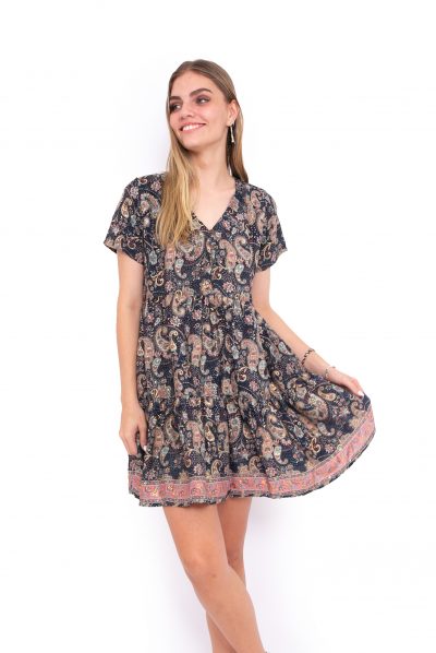 Freya Dress - Navy Paisley Gold