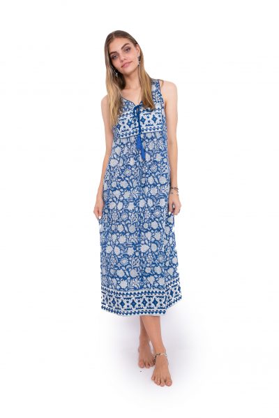 Jaipur Dress Long - Cobalt Blue Block Print