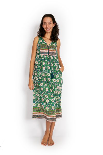 Jaipur Dress Long - Teal Flower Block Print