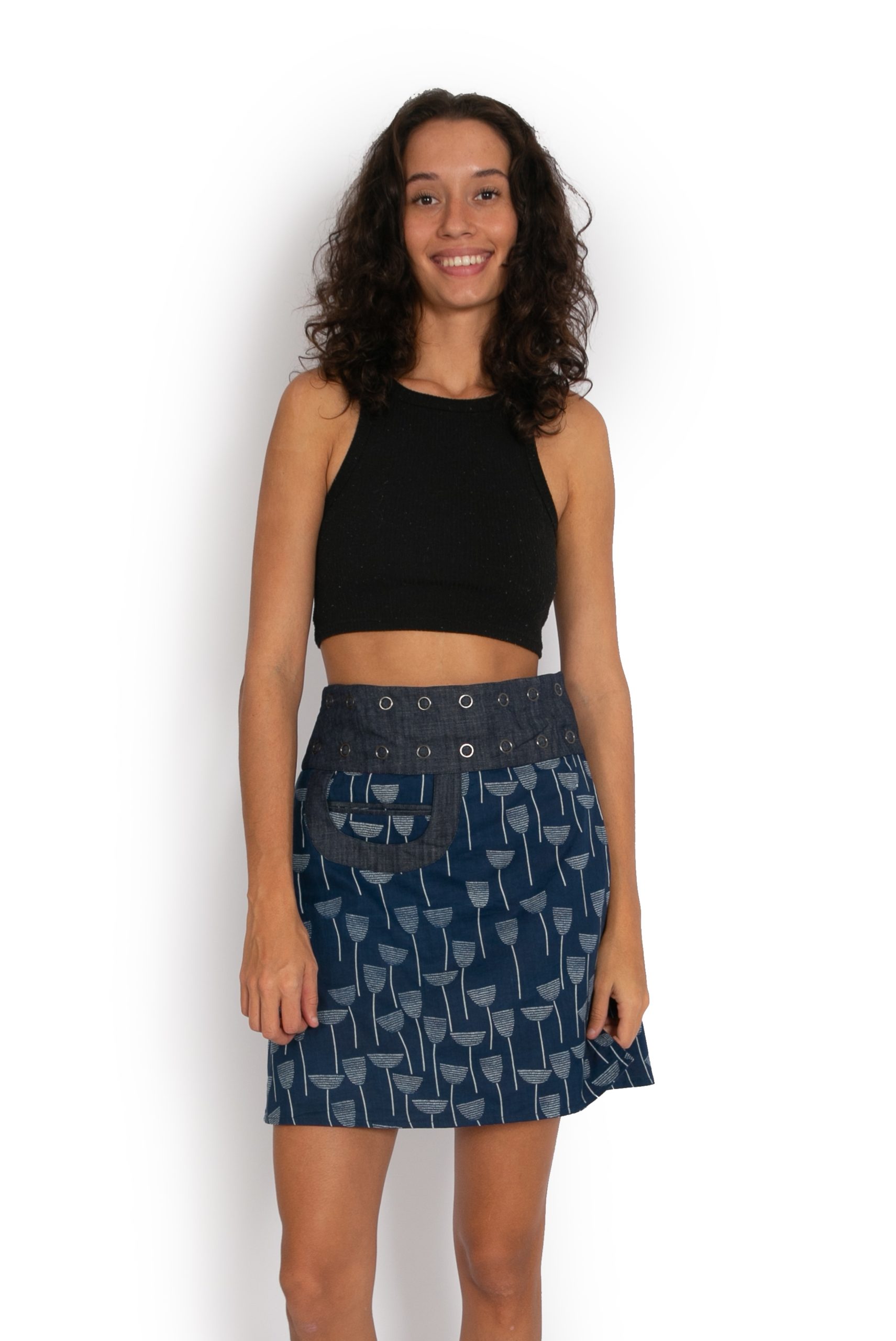 New Energy Reversible Skirt Short - Navy Tulips / Red Secret Garden