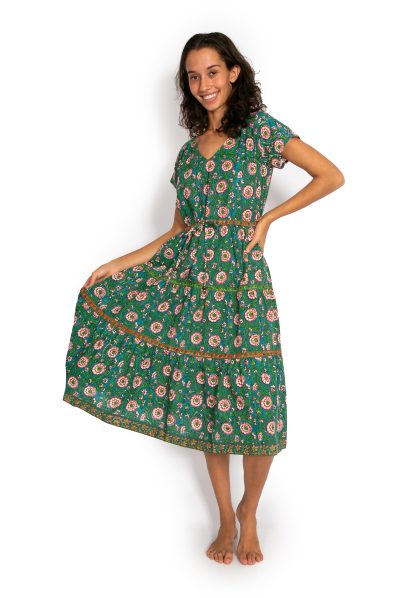 Sujita Dress - Teal Flower Block Print