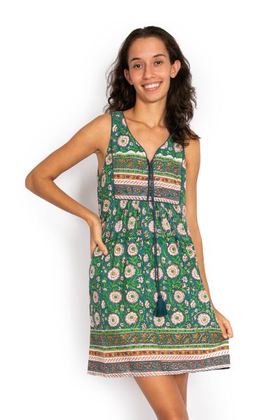 Jaipur Dress Short - Teal Flower Block Print